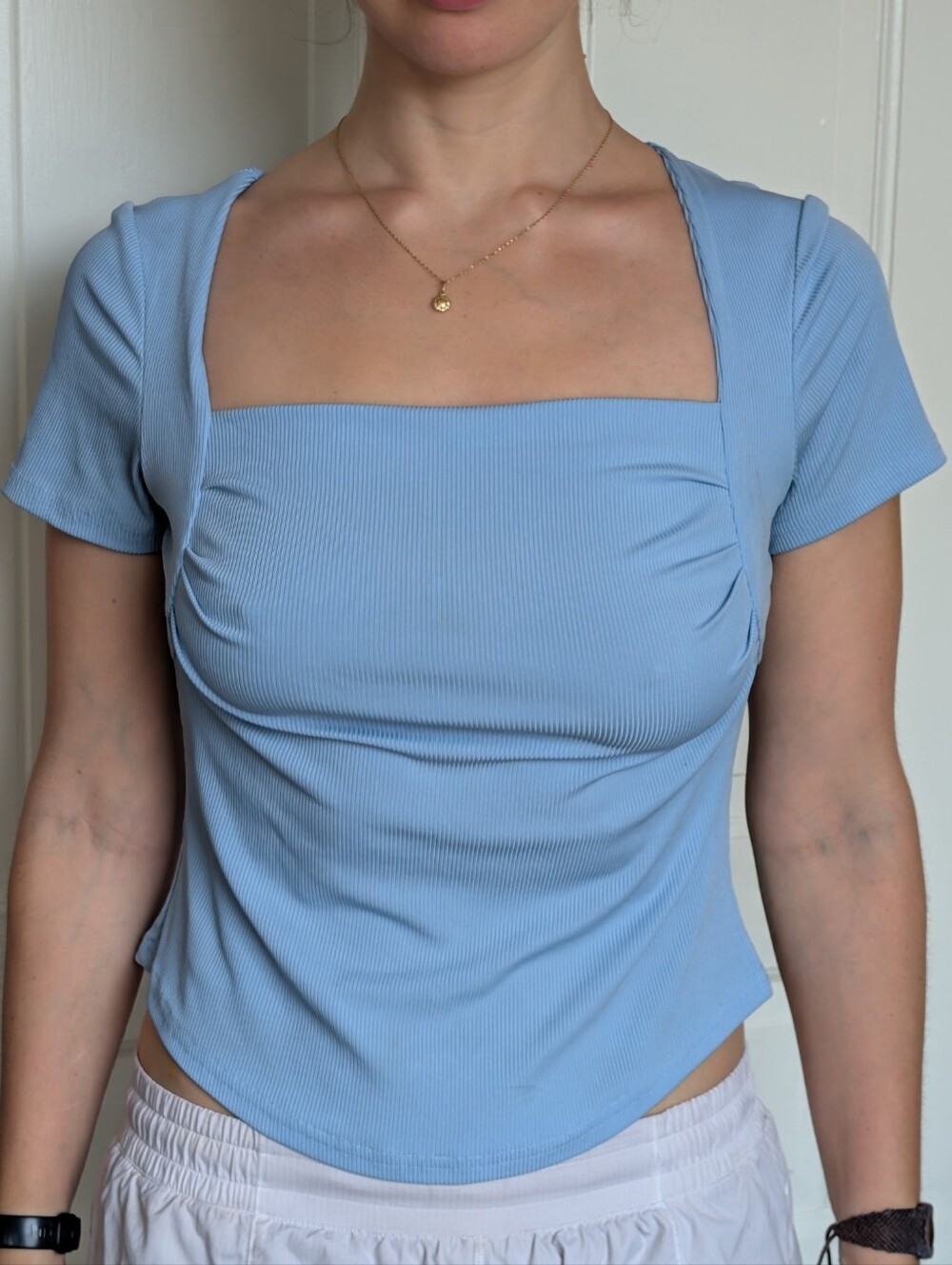 Cider Light Blue Square Neck Short Sleeve Top